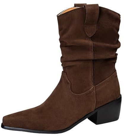 Lroey Reoly Mujer Tacón Ancho Medio Botas de Media Pantorrilla Puntiagudo Cowboy Cx952 Marrón Talla 43 EU