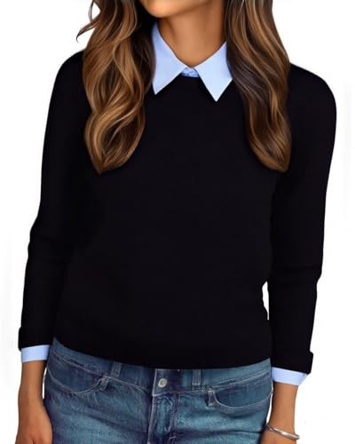 ABLYTMIAQ Women's Sweatshirts Fashion Stand Neck Jumpers Collared Shirt 2 in 1 Pullover Warm French Cashmere Tops Casual Ladies Patchwork Shirt Blouse Solid Everyday Wear Office Black
