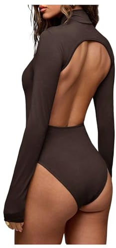 MakeMeChic Women's Open Back Top Long Sleeve Mock Neck Bodysuit Going Out Tops Clubbing Outfits Brown Large