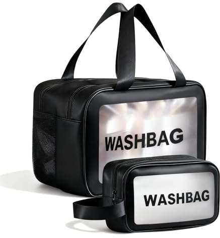 QingWing 2 Piezas Neceser Impermeable, Neceser Transparente PVC Portátil, Bolsa de Cosméticos Impermeable Almacenamiento, Organizador de para Mujer Transparente Mpermeables, para Baño, Avión (Negro)