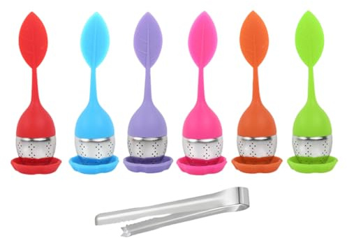 Abiyou 6 Piezas Infusor De Té De Silicona,Infusor De Té Con Mango De Silicona, Filtro Fino Para Los Amantes Del Té, Con 1 Pinzas Para Cubitos De Hielo, Diseño Moderno De Hoja, Para Filtrar Té