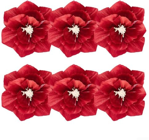 6 x 3D-Blumen aus Krepppapier, 20 cm, handgefertigt, künstliche Blüten für Hochzeit, Party, Babyparty, Heimdekoration, lebendig, realistisch (groß rot)