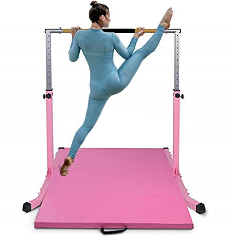 Pro-Gymnastics Expandable Kip Bar Adjustable Height for Gymnastics 3 to 5 FT Gymnastics Bar, with 6 FT x 4 FT Tumble Mat, Horizontal Junior Training Bar Cushioned Bar & Curved Legs (Pink)