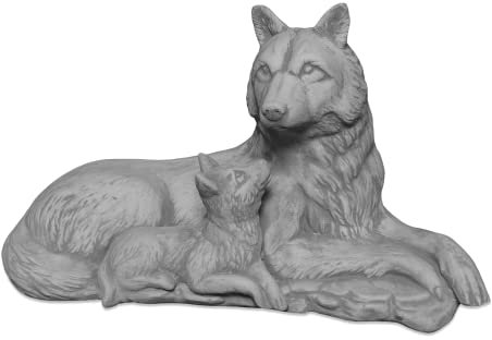 gartendekoparadies.de Wölfin mit kleinem Welpen, Steinfigur, H. 23 cm, 9 kg, Grau, frostsicher aus Steinguss für Außenbereich