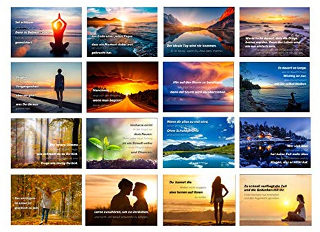 16 Premium Postkarten 10,5x14,8cm - Weisheiten, Sprüche Motivation Grußkarten mit Spruch Leben Glück, Liebe Freundschaft Achtsamkeit Grußkarte mit Sprüchen zum Verschenken, Geburtstag