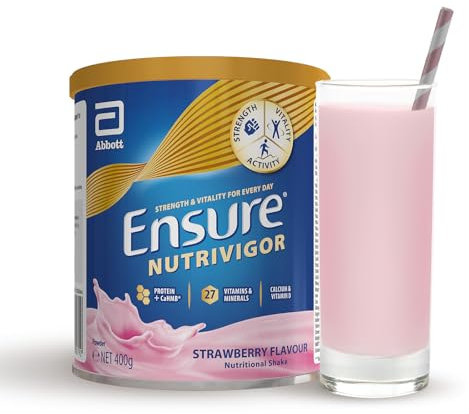 Ensure NutriVigor Nutritional Shake – Strawberry Flavour – 400g – Food Supplement with Protein, HMB & 27 Vitamins & Minerals – Supports Strength, Energy & Immunity – With Vitamin D, C & B