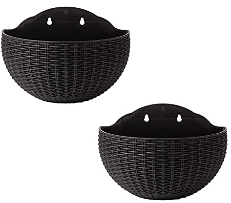 RTWAY Hängender Übertopf, 2 Stück, Rattan-Imitat, Wandbehang, europäischer Stil, halbrund, Blumentopf, für Zaun, Veranda, Garten, Balkon