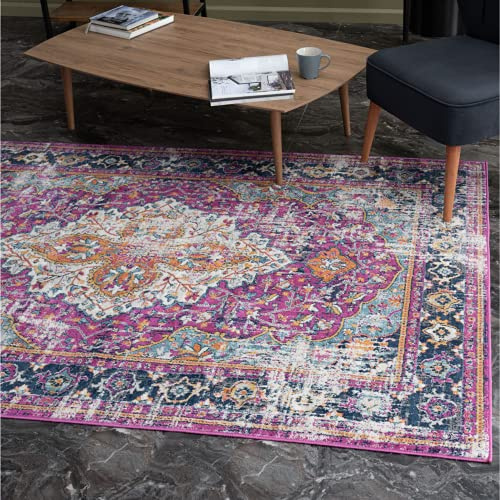 THE RUGS Purple Vintage Oriental Area Rug for Living Room Bedroom – Small 80x150 cm, Soft Short Pile Traditional Persian Style