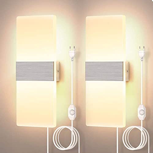 2 Stücke Steckbare in Wandleuchte Mit Stecker und Kabel Innen Aluminium Wandlampe Acryl Dimmbarem Moderne Schlafzimmer Nachttischlampe 3000K 12W für Wohnzimmer Korridor Wandbeleuchtung mit Stromkabel