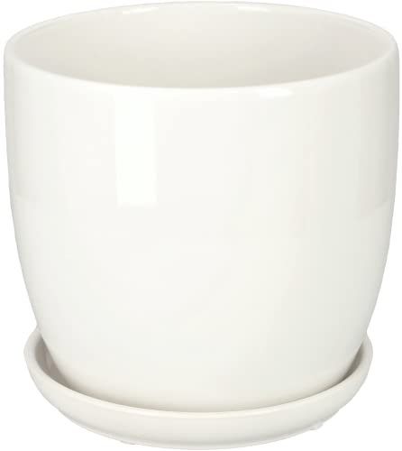 KOTARBAU® Macetero con Plato de Ceramica esmaltada, 15 cm, Maceta para Interiores y Exteriores, Tiesto Decorativo para Plantas, Blanco, con Plato y Orificio de Drenaje
