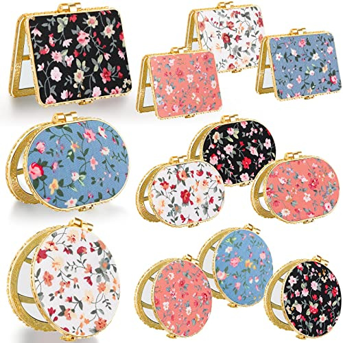 Blulu 24 Pcs Compact Mirrors for Purse Bulk Small Flower Pocket Mirrors Folding Mini Floral Compact Mirror Retro Vintage Gifts for Mother's Day Women Travel Tea Party Birthday Makeup(Gold Edge)