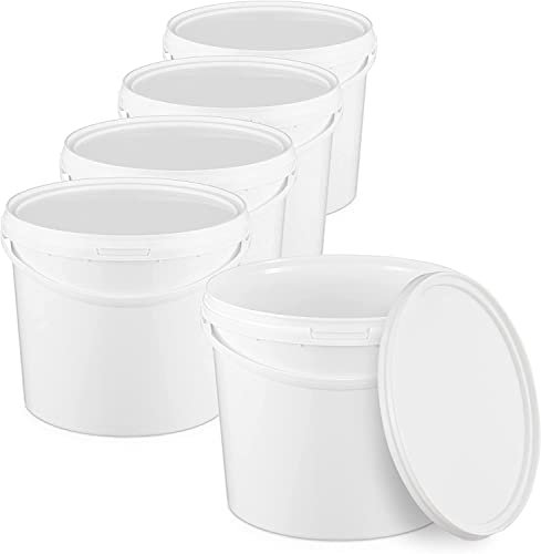 BenBow Secchio con coperchio 10l bianco 5x 10 litri sicuro per gli alimenti, stabile, ermetico, a prova di perdite, inodore - contenitore di plastica, con manico - vuoto