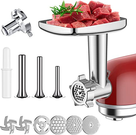 COFUN Meat Mincer Accessory for Kenwood Kmix KMX750 and Chef KVC85, Suitable for Kenwood Stand Mixer, Includes 3 Sausage Stuffer Tubes and 4 Types of Chopper Plates (with Adapter)