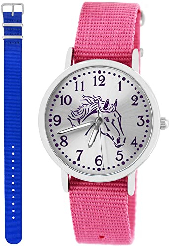 Pacific Time Kinderuhr Mädchen Pferdeuhr Geschenk-Set Rosa 2 Armbänder | Geschenk für Mädchen: Pferdeuhr mit violettem Pferdekopf, 2 Armbänder, 5 ATM wasserdicht, günstiger als Einzelkauf