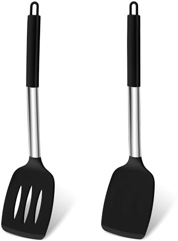 Pfannenwender, Homikit Silikon Küchenhelfer Küchenutensilien mit Edelstahlgriff, Hitzebeständig Geschlitzt Schwarz Pfannenwender Spatel Kochbesteck 2er Set zum Kochen Backen Wenden, Spülmaschinenfest