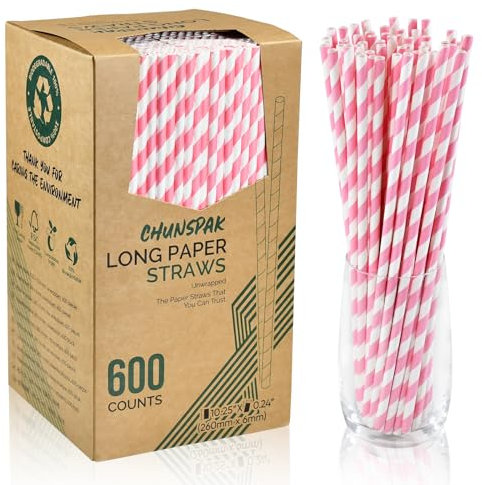 Chunspak 10.25 Long Pink/White Striped Disposable Paper Drinking Straws Bulk - Unwrapped [600 Counts], CNCK600-PINK