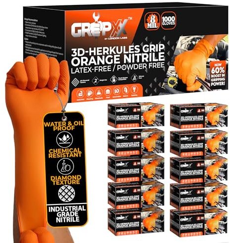GRIPXX Herkules Grip - Guanti in nitrile arancione da 8 mm, con texture diamantata in rilievo 3D, senza lattice e polvere, industriali, meccanici (10, M)