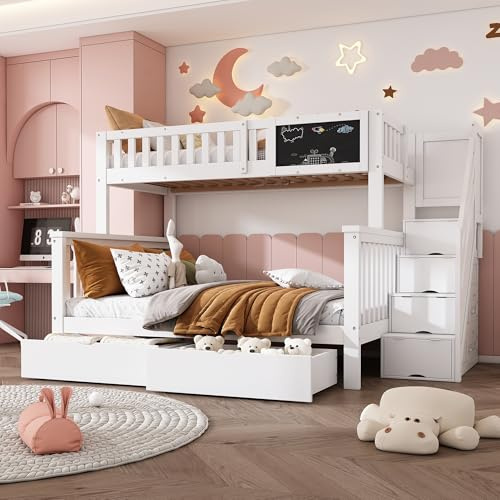 Kehun Kinderbett Etagenbett 90×200 & 140×200 mit Treppe, Hochbett Doppelbett mit Tafel und Stauraum Schubladen für 3 Kinder, Holzbett mit Rausfallschutz und Lattenrost, Weiß, Ohne Matratze
