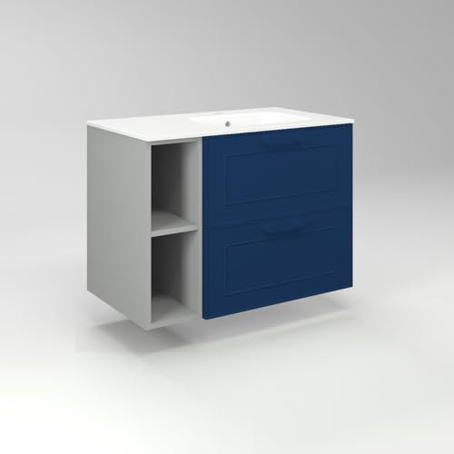 Diventa Modello Diva Frame, Mobile Bagno sospeso 80cm con 2 cassetti spaziosi, 2 vani a giorno e lavabo dal design moderno, colore blu e grigio