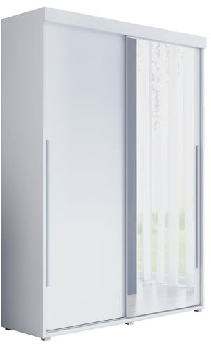 Meble Slupia Kleiderschrank Schiebetüren Slim 1-130 x 202 x 46 cm - Schrank Schlafzimmer, Vorraum, Garderobe - Tür mit einem Spiegel, Kleiderstange - Holzwerkstoff, Silberner Griff, Weiß