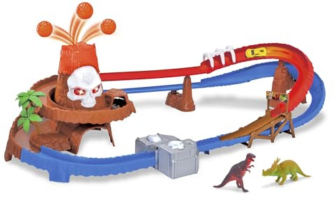 Dickie Toys - Autorennbahn Skull Volcano Track Set (100 cm) mit Vulkan-Ausbruch, Auto & Dinosaurier-Zubehör - Spielzeug-Autobahn für Kinder ab 3 Jahre, mit Licht & Sound, inkl. Batterien