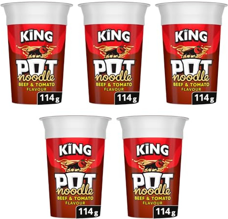 Kiing Pot Noodle Beef and Tomato Flavour 90g - Just pour boiling water in and wait - A Quick, Filling And Tasty Snack Pot Ready In Just 4 Minutes - Pack of 5 x 90g