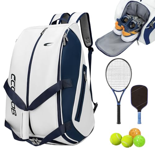 CCGTIOR Tennistasche für 2 Schläger mit Schuhfach, Zaunhaken und Ballhülse – großer PU-Pickleball-Paddel-Rucksack für Damen und Herren (blau)