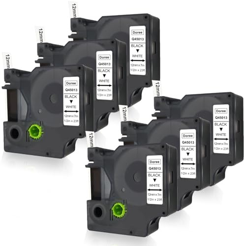 DOREE 6er Pack Etikettenband 45013 S0720530 12mm x 7m Schwarz auf Weiß Kompatibel mit Dymo D1 12mm Wasser-und UV-beständiges Kunststoff Kompatibel mit Dymo LabelManager 160 210D 280 360D 420P 500TS