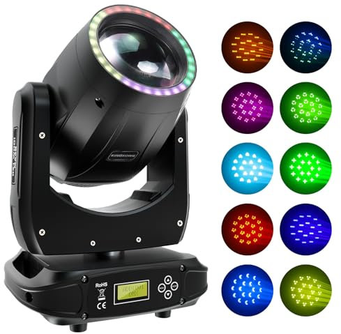HYQNG 150W Moving Head DJ Lights, 8-Facet Prism LED Stage Lights Spotlights with 17 Gobos 13 Colors & RGB Marquee Ring, DMX Sound Activation Moving Head Lights for Stage Lighting Wedding Party 1PCS