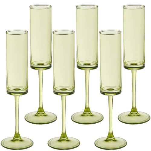 Elegant Set of 6 Hand Blown Champagne Flutes Wine Glasses,6 Pieces Cocktail Glasses Classy Green Long Stem Drinking Colored Glasses for Sparkling Wine Ideal for Weddings, Cava, Prosecco, Party