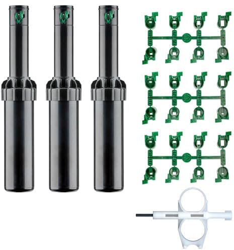 RIEGOPRO Pack 3 Regner SRM-04. Reichweite von 4 bis 10,7 Meter. Anschluss mit 1/2“ Innengewinde. Inklusive Düsensatz und Einstellschlüssel.