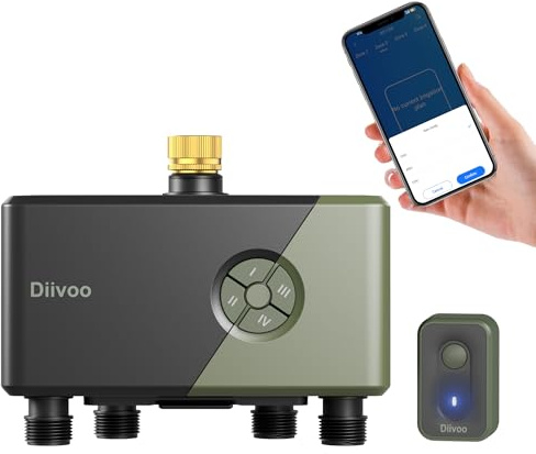 Diivoo WiFi Water Timer 4 Outlets with Brass Inlet | Smart Sprinkler/Hose/Tap Timer Compatible with Alexa, 24 Irrigation Plans, Rain Delay & 2 Modes | Garden Watering Controller for Lawn Yard