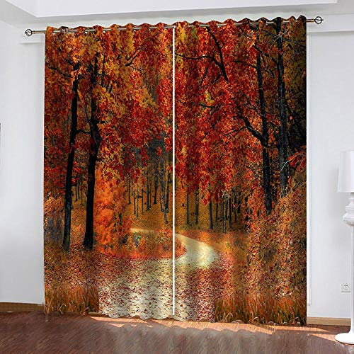 Verdunkelungsvorhänge mit Ösen, 150 x 166 cm (B x H), 3D-Weg mit roten Bäumen, Kinderzimmer-Vorhänge für Wohnzimmer und Schlafzimmer, 2 Stück, superweiche, schalldichte, isolierte Fenstervorhänge