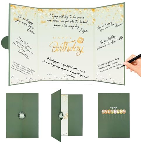 Crenics Green and Gold Birthday Decorations for Women Men, Creative Birthday Guest Sign in Book Alternative, Happy Birthday Signature Book 18 x 12, Great Birthday Gifts for Girls or Boys