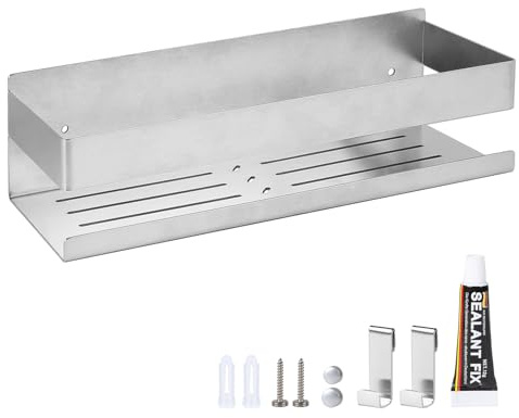 EXLECO Duschablage Ohne Bohren 30CM Duschregal Wand Edelstahl Badregal mit 2 Haken 7,5cm Hoch Duschkorb Selbstklebende Bad Regal Badezimmer Aufbewahrung Wandregal für Shampoo Duschgel Gebürstet Silber