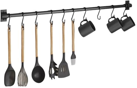 Wansiman Porta Utensili Cucina,Barra Portautensili Cucina,Ganci Cucina,Supporto in Alluminio per Utensili da Cucina,Ganci Cucina Senza Buchi,Senza Foratura,Accessori Cucina，per Cucina,Nero