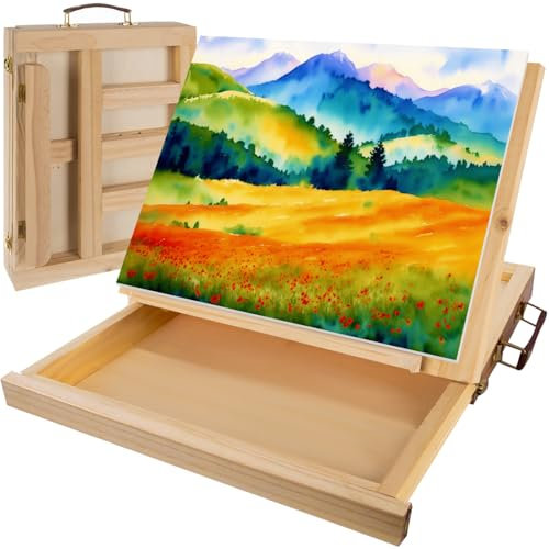 Maaleo Acrylfarbe Set für Kinder 45-teiliges Malset mit Staffelei Komplettes Zubehör inkl. Leinwand Set, 24 Acrylfarben, Pinseln und viele Andere in einem Malkoffer 23863