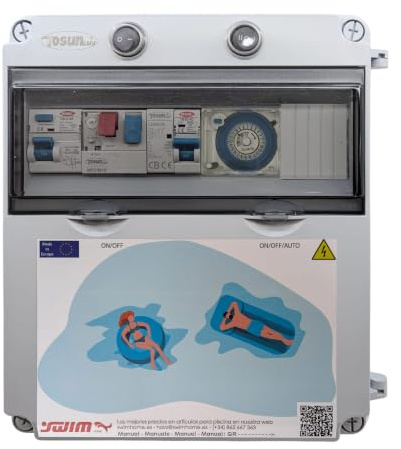 SWIMHOME Cuadro eléctrico para Piscina con Contacto para Motor y Fuente de Alimentación hasta 150W para iluminación 12V DC (Bomba de más 2CV (9-14A))