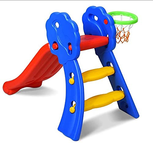 Rutsche-Gartenrutsche, Kinderrutsche Outdoor und Indoor, Freistehende Rutsche mit Basketballkorb aus Kunststoff, 106 * 59 * 77cm (blau-rot)