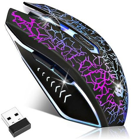 LuLabboard Wireless Gaming Mouse, Rechargeable Computer Mouse, 7-Color LED Light, Ergonomic Mouse with 6 Silent Click Buttons, 3 Adjustable 2400 DPI Wireless Mouse for Laptop,PC,Mac, Black