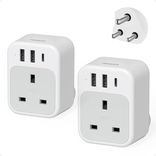 TESSAN UK to South Africa Plug Adapter, Type M Travel Adaptor with USB C | South Africa Plug Adapter with USB C and 2 USB A, 4 in 1 Type M Travel Adaptor for African, Namibia, Botswana, Nepal, 2 Pack