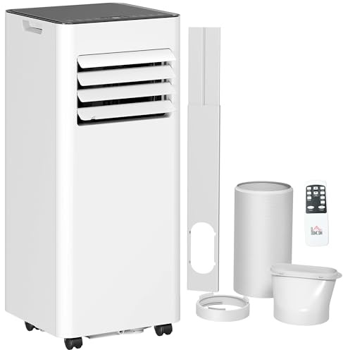 HOMCOM Acondicionador de aire portátil 7000 BTU/H 3 en 1 refrigeración, ventilador, deshumidificador, modo de espera, temporizador 24H, 2 velocidades y mando a distancia, kit de escape incluido,