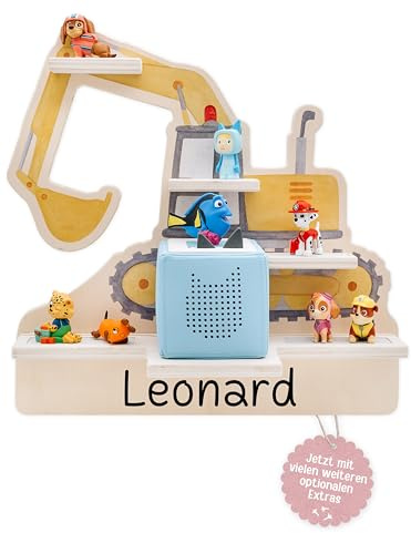 wunderwunsch personalisiertes Tonie Regal für Kinderzimmer - Magnetisches Toniebox Regal für Toniebox1 & 2 Plus Figuren mit abgerundeten Ecken & Kanten Bagger mit Name