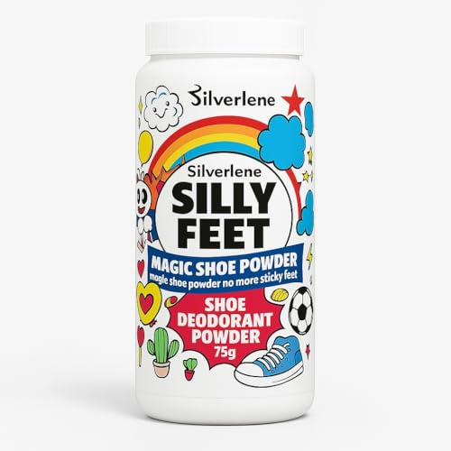 Silly Feet Shoe & Foot Deodorant Powder - Hypoallergenic, Antifungal Talc with Puff Applicator – Sweat Absorbing, Odor Control for Work Boots, Sneakers, Gym Shoes – Travel Size 75g