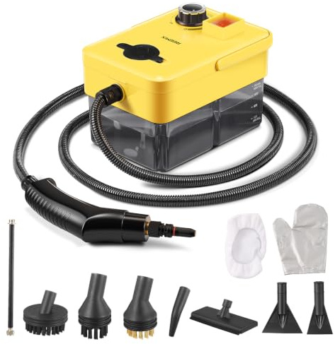 Limpiador de vapor de mano, vaporizador de alta presión de 2500 W | Con múltiples accesorios, limpiador de vapor portátil para cocina, baño, tapicería y cortinas, sin químicos (amarillo, negro)
