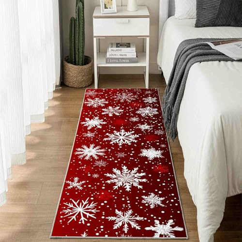 Dppyuxa Flurteppich Läufer Weihnachten Schnee rutschfest und Waschbar, | Teppich Lang für Flur und Küche Lebkuchen Stern Küchenteppich Winter Dekoration Teppich Maschinenwaschbar 60x180 cm