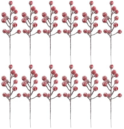 UPSTORE 12 tallos artificiales de bayas de acebo de 7.8 pulgadas, púas de spray con bayas rojas como nieve para decoración de árbol de Navidad, San Valentín, manualidades, boda, fiesta, invierno