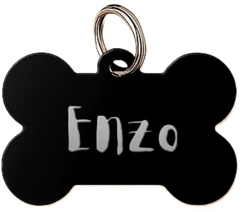 DEREGALOOS Chapa Identificativa Mascotas Personalizada Grabada 2 Caras. Forma de Hueso. Placa para Perros Gatos. Aluminio Ligero. Ideal para Collar o Arnés. No Incluye Anilla (Negro, S)