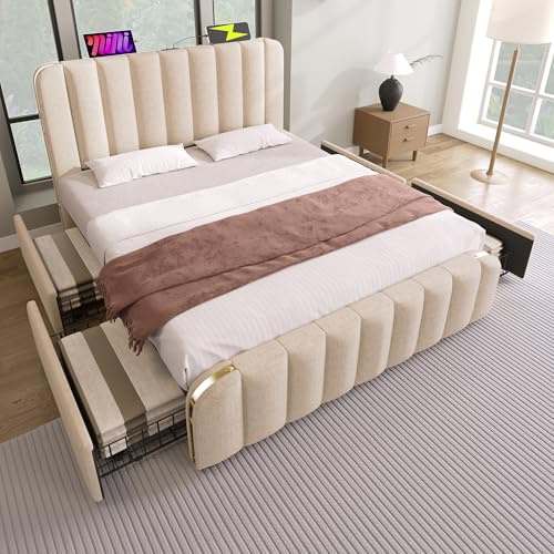 BXEYXE Polsterbett Doppeltes. gepolstertes Kopfteil mit goldenen Zierstreifen und .USB Typ-C Ladefunktion 140 * 200 cm. Beige Leinen-Material mit 4 Schubladen .Belastbarkeit 181 kg (Ohne Matratze)