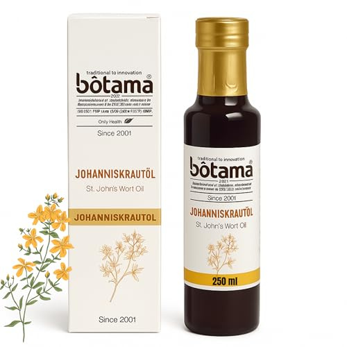 Huile de millepertuis de qualité supérieure - 250 ml - 100 % naturelle - Sans additifs et pressée à froid - Dans une bouteille en verre - 99 % d'huile de millepertuis véritable - Convient pour le